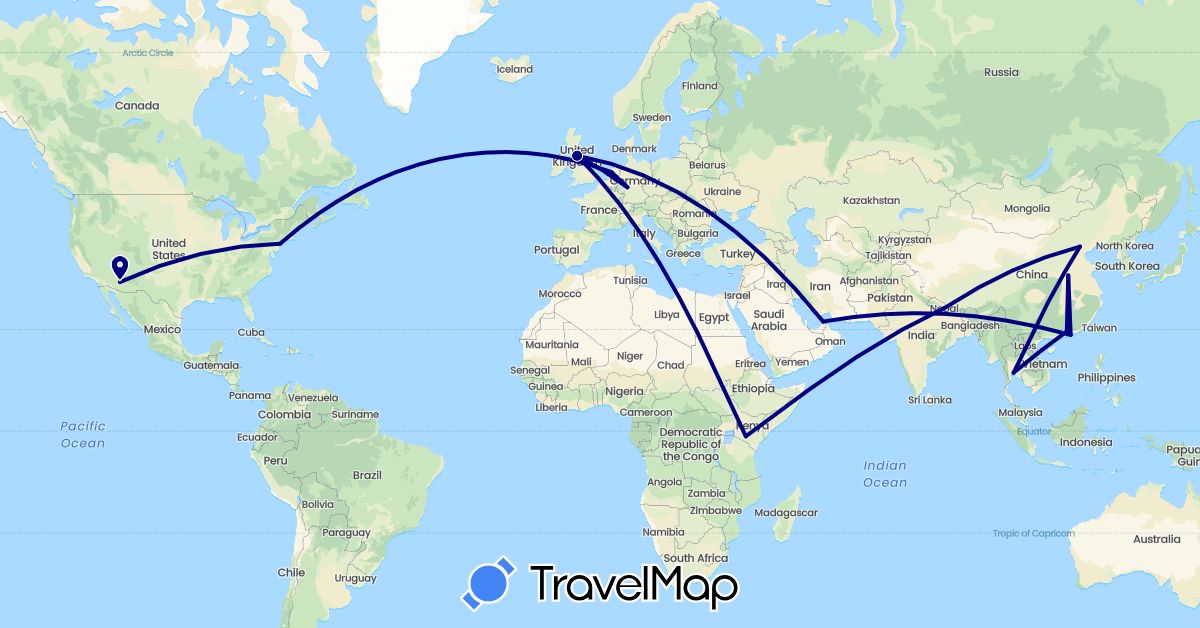 TravelMap itinerary: driving in United Arab Emirates, China, Germany, United Kingdom, Kenya, Netherlands, Nepal, Thailand, United States (Africa, Asia, Europe, North America)